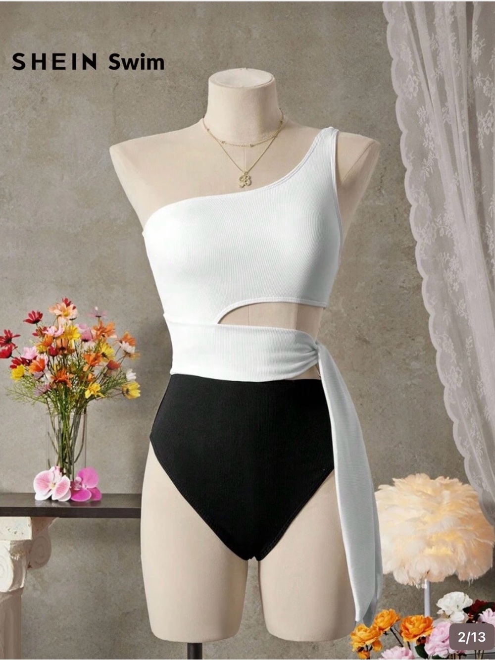 Swim Black White One Shoulder Cutout Tie Waist One Piece Swimsuit